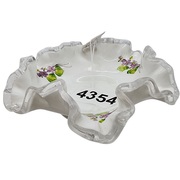 Vintage Fenton Silvercrest Ruffled Violets In The Snow Bowl Hand Painted Signed - Picture 2 of 5